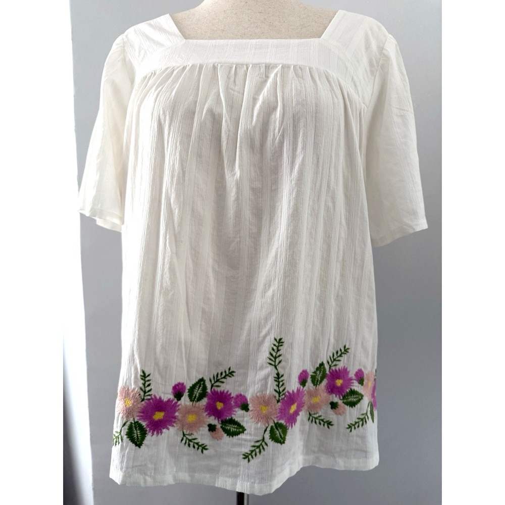 Matilda Jane Embroidered Floral Peasant Blouse Top White 100% Cotton Boho M NWT